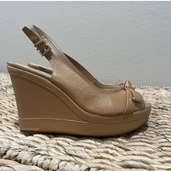Tommy Hilfiger shoes women’s size 9.5 Brown peep toe slingback platform bow gold - Picture 1 of 13
